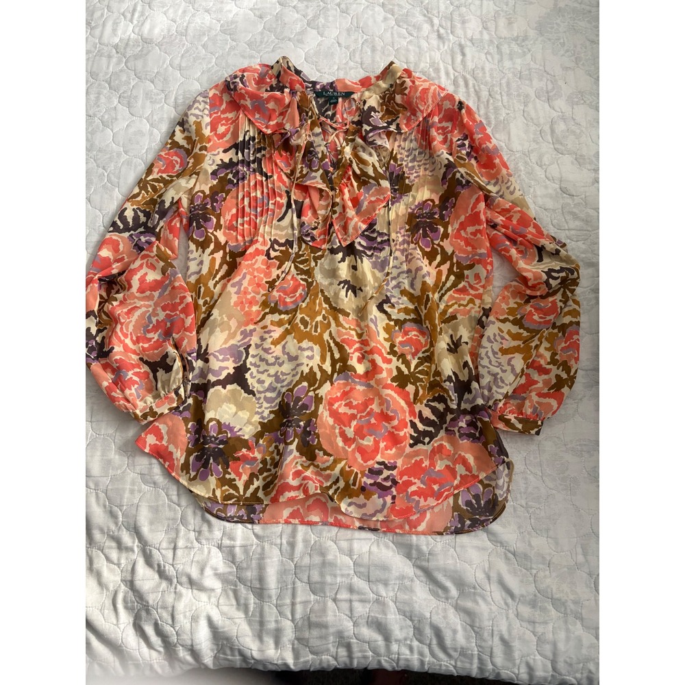 Lauren Ralph Lauren Floral Ruffle Tie Neck Pintuck Blouse Pink Orange Small